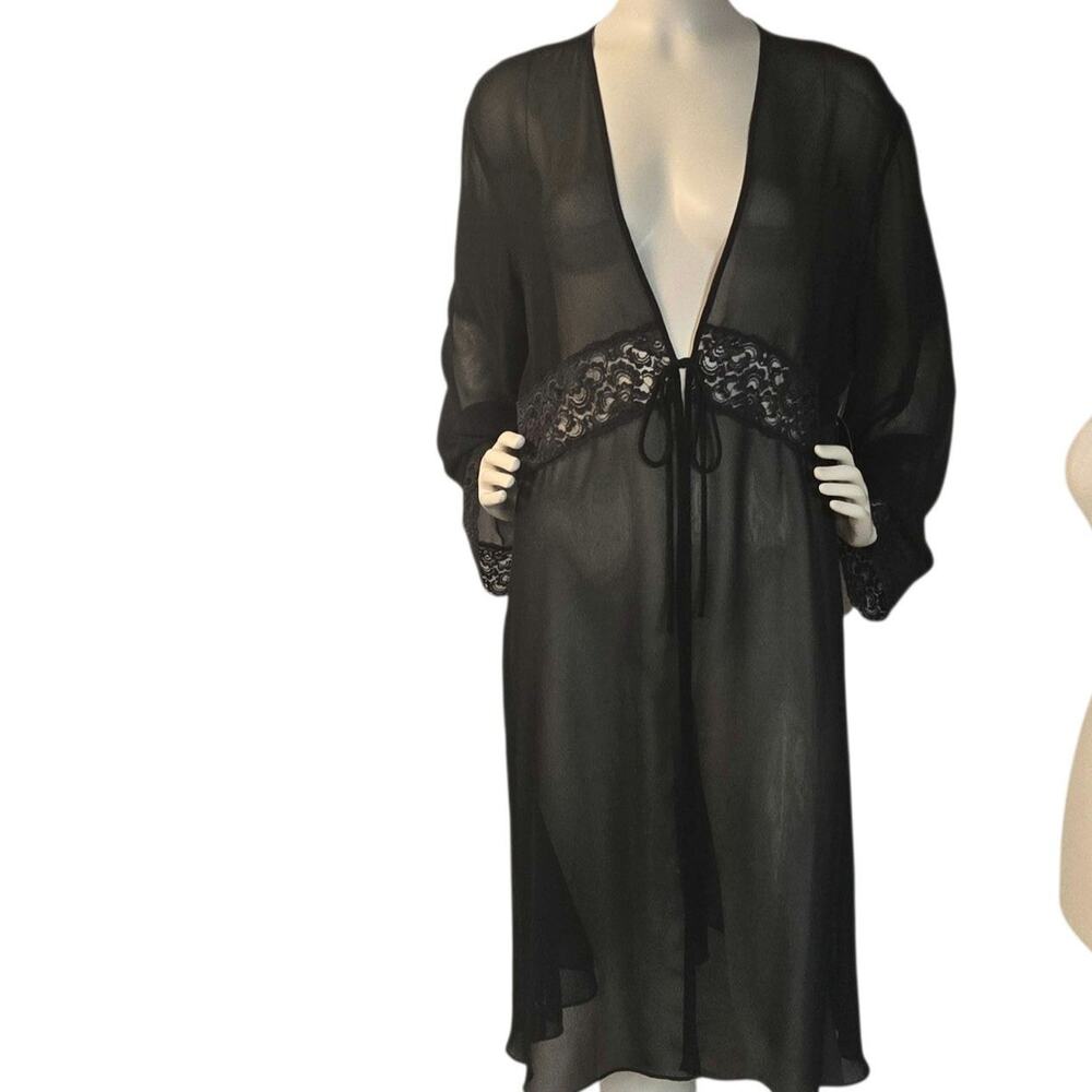 Valerie Stevens VTG Semi-sheer Black Midi Peignoir Robe Chiffon Lace Coquette
